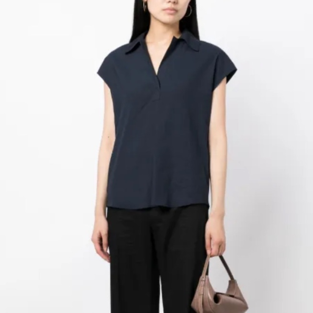 Vince Navy Linen Cap Sleeve Polo Casual Contemporary Luxury Flax Blouse Top
